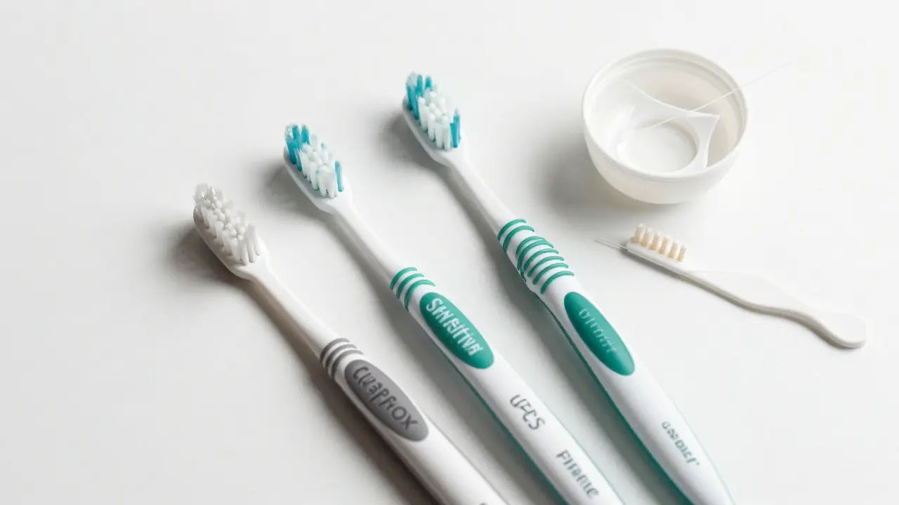 Tři typy Curaprox kartáčků s doplňky pro ústní hygienu uspořádané v klidné kompozici.