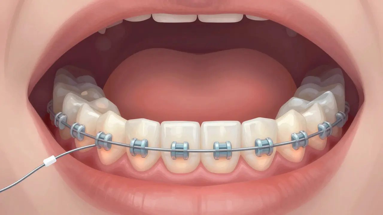 Vnitřní pohled na zuby s rovnátky a průhledným vazivem, kde je drát zakrytý voskem.