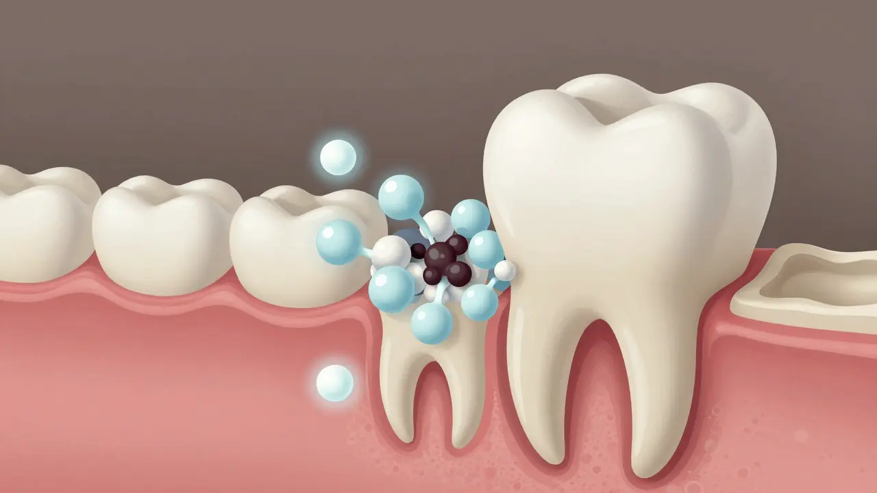 Vnitřní řez zubem s rozkladem tmavých pigmentů a ochrannými ionty fluoridu a dusičnanu draselného.