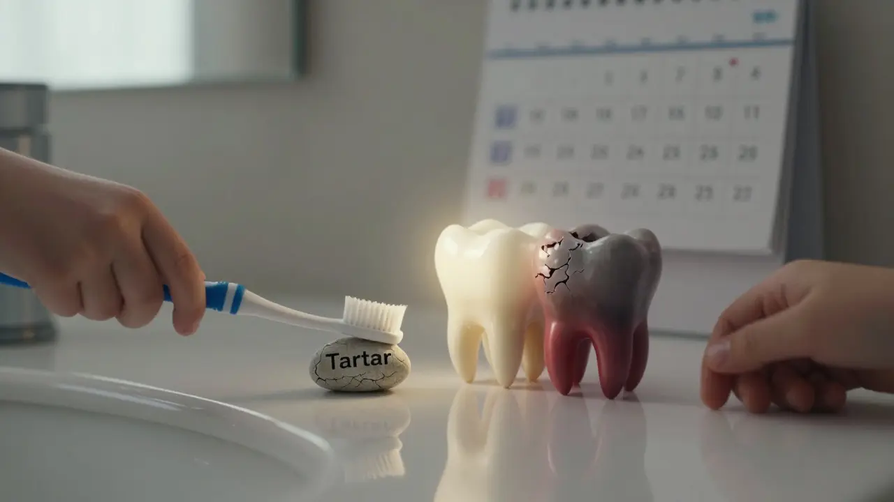 Zdravý zub vs. poškozený zub s kamenem na koupelnové lavici, symbolizující prevenci a zanedbání.