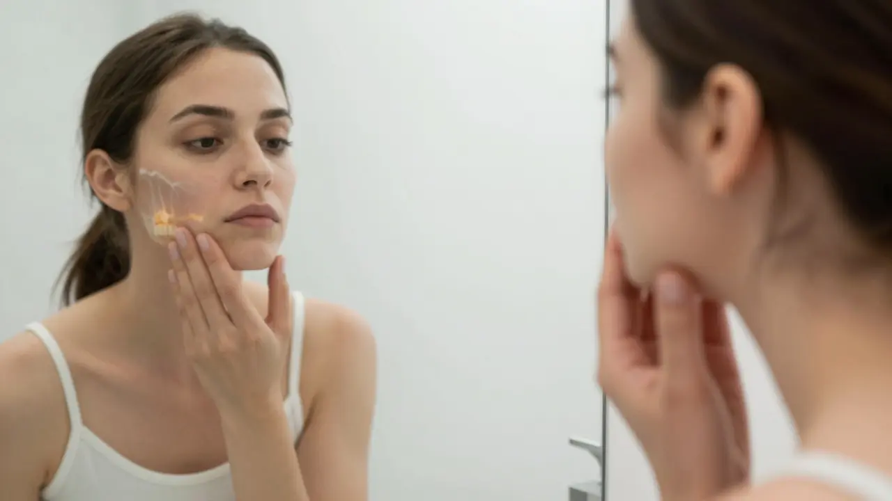 Žena se dívá do zrcadla, vidí ztenčenou kost v čelisti