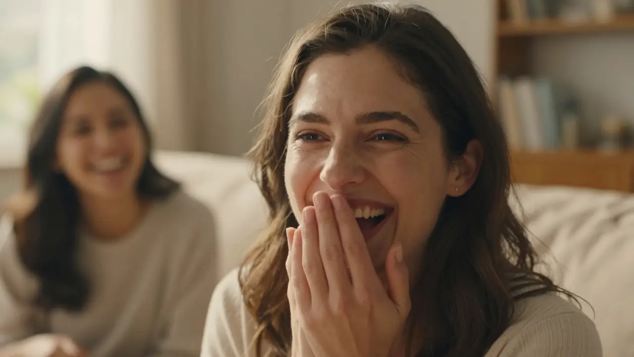 Žena se směje volně, oči přímo do kamery, zdravé zuby a bez strachu.