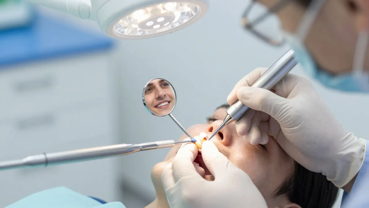Zubař opravuje poškozený přední zub kompozitním materiálem.