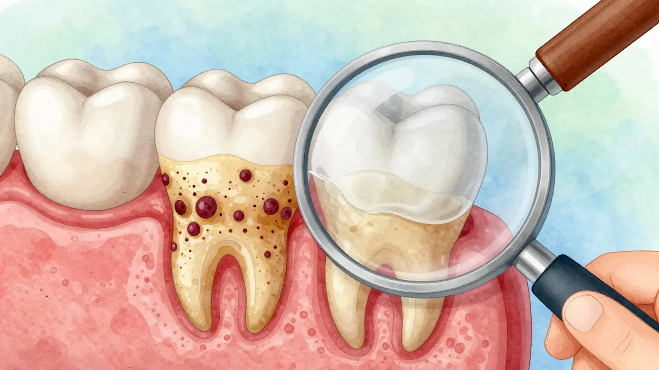 Zvětšený pohled na zub s zubním kamenem a zánětem dásní, s aplikací fluoridového gelu.