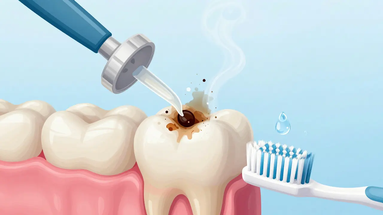Zvětšený pohled na zubní sklovinu s odstraňováním barviv bělicím gelem, okolo vodní kapky a kartáček.