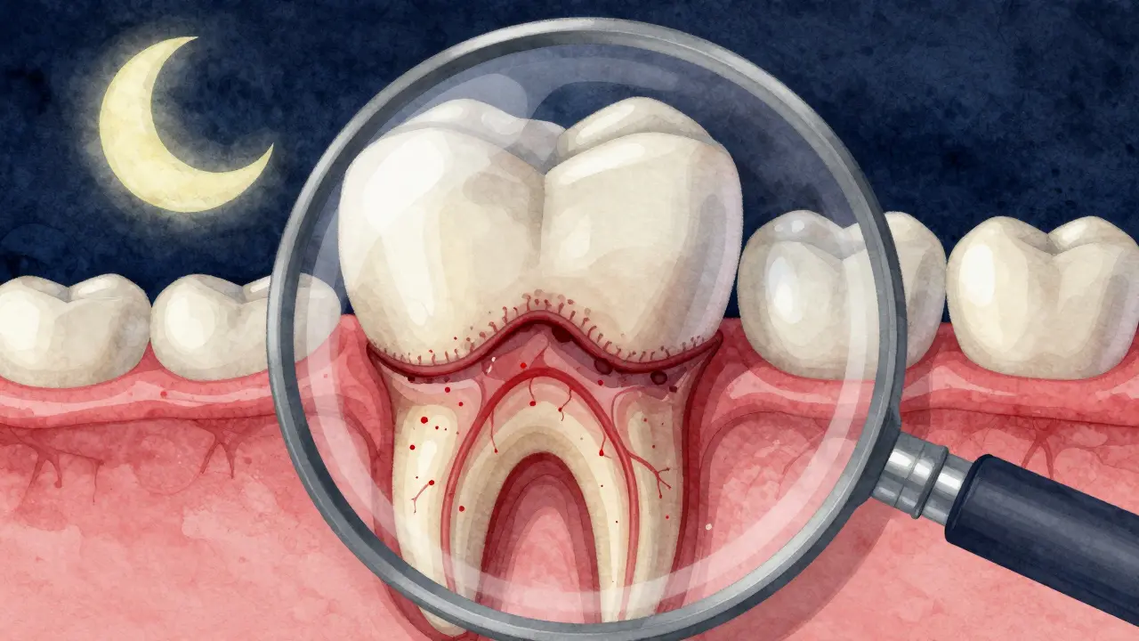 Zvětšený zub s viditelným kazem a zánětem v pulpe, v nočním prostředí.