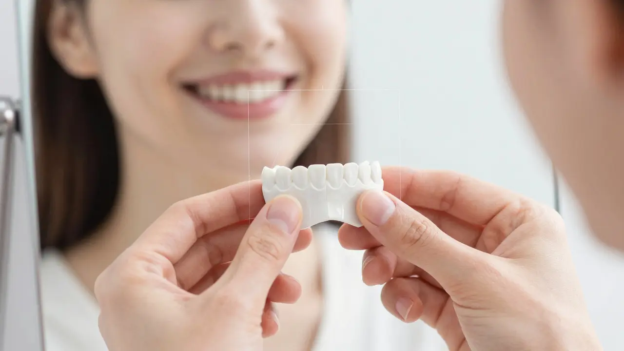 A ceramic veneer held against a mirror reflecting a radiant smile.