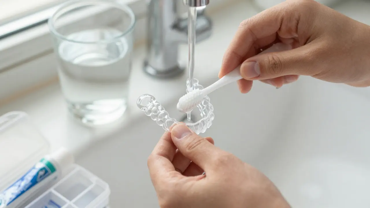 Čistění průhledných rovnátek pod tekoucí vodou měkkým kartáčkem.