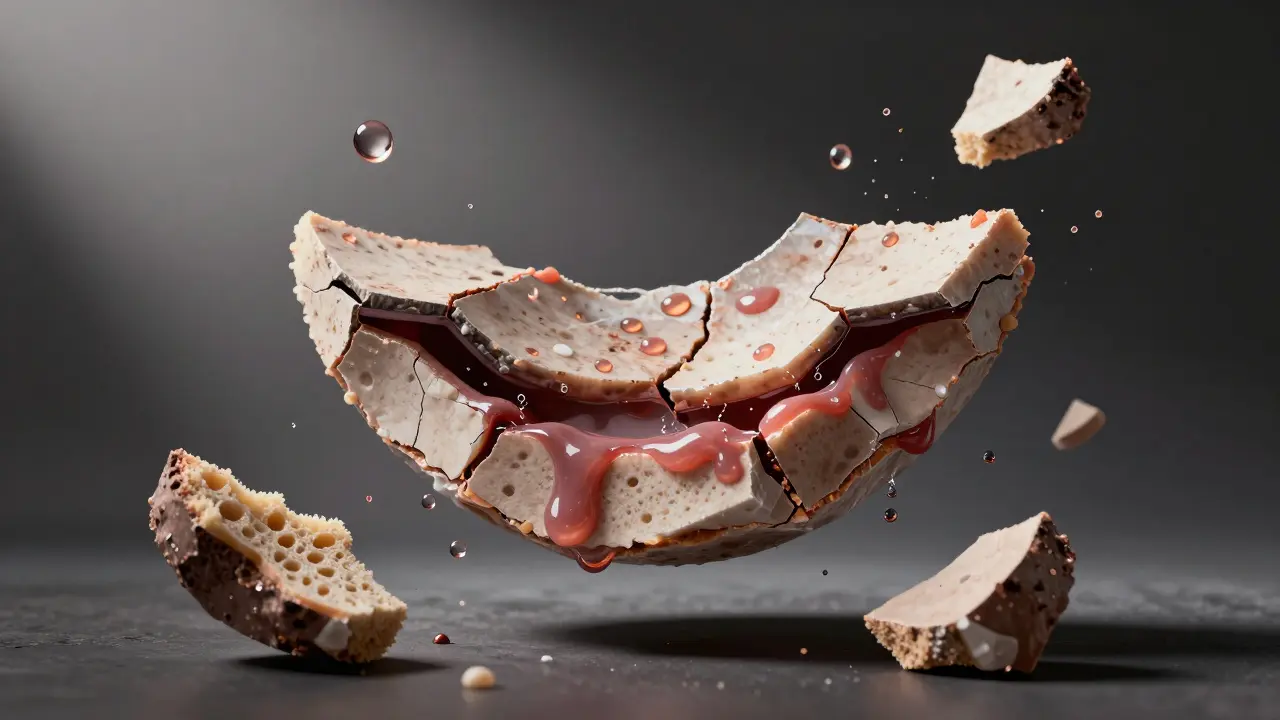 Kompozitní faseta se rozpadá pod vlivem kyselého nápoje, s fragmenty materiálu ve vzduchu.