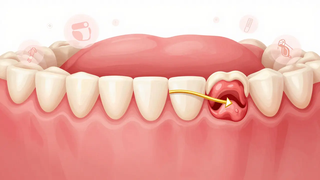 Konceptuální znázornění zdravé a nemocné dásně s cestou hojení mezi nimi.