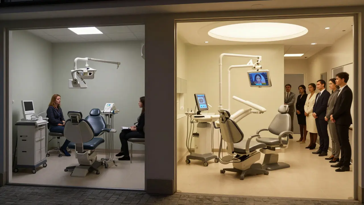 Kontrast mezi malou zubní ordinací na okraji Prahy a luxusní ordinací ve středu města.