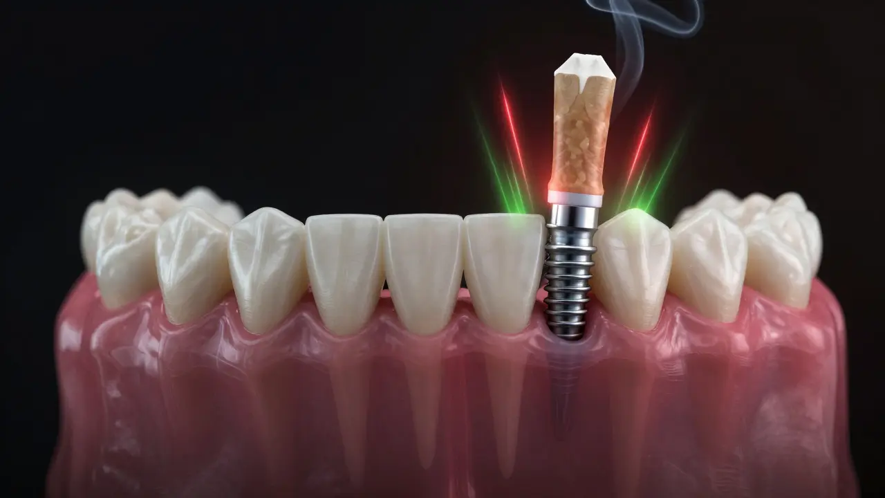 Kost čelisti s porovnáním ztráty kosti a podpory implantátem, symbolicky osvětlená.