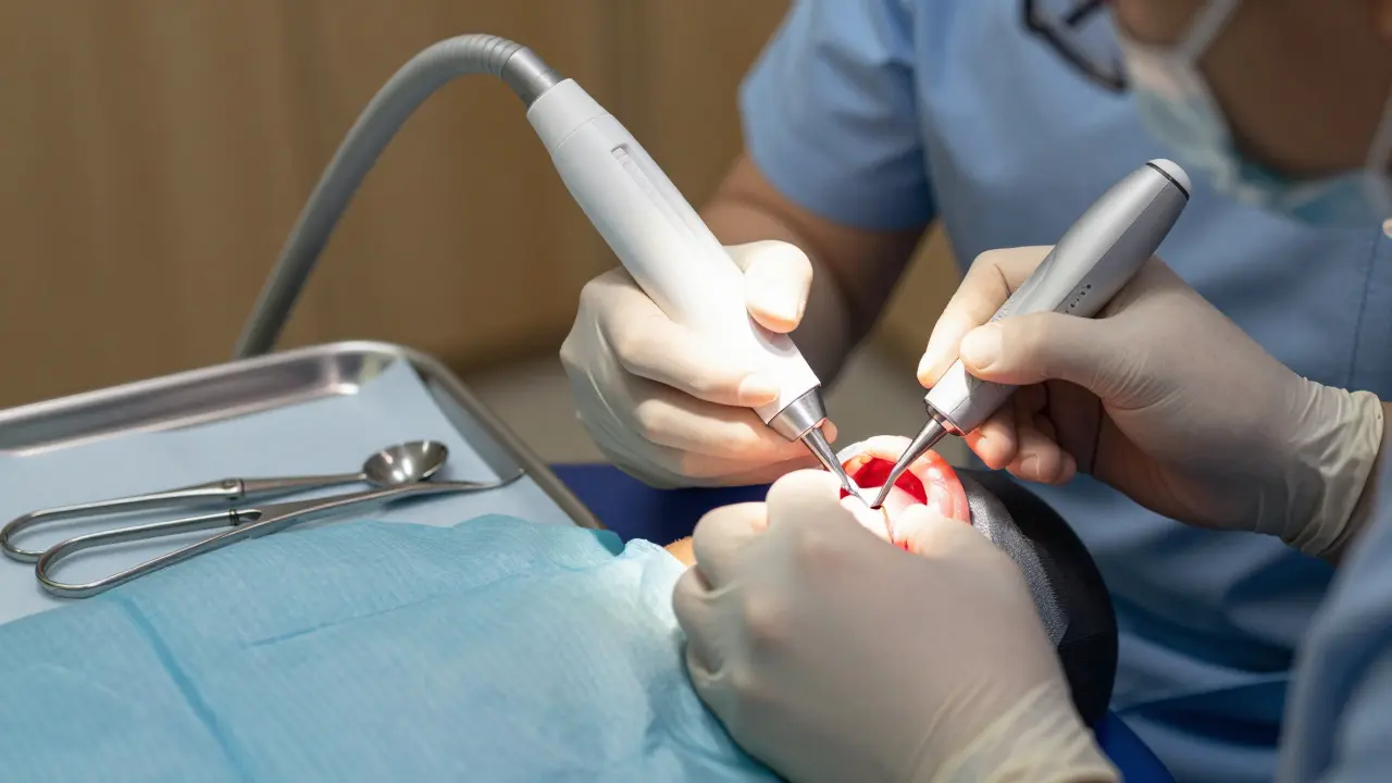 Lékař provádí kyretáž pomocí kyrety a ultrazvukového skálery pod dásní.