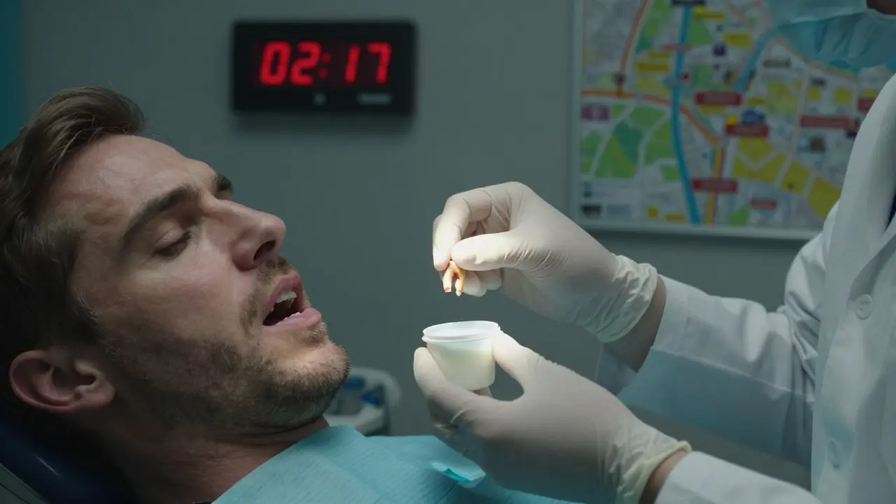 Muž ukládá vypadlý zub do mléka, zubní lékař ho opatrně přebírá.