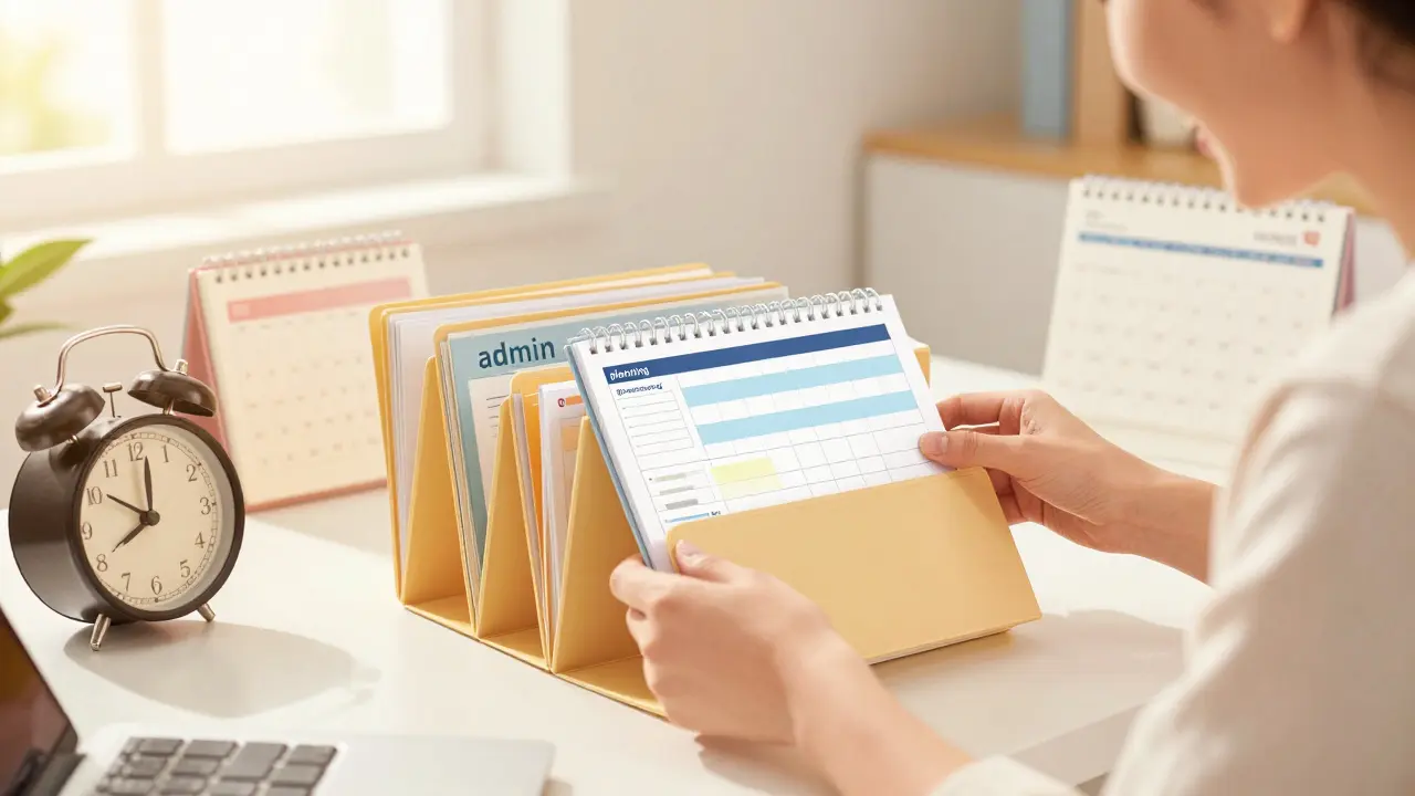 Osoba organizuje soubory a plánuje čas v kanceláři s příjemným osvětlením.
