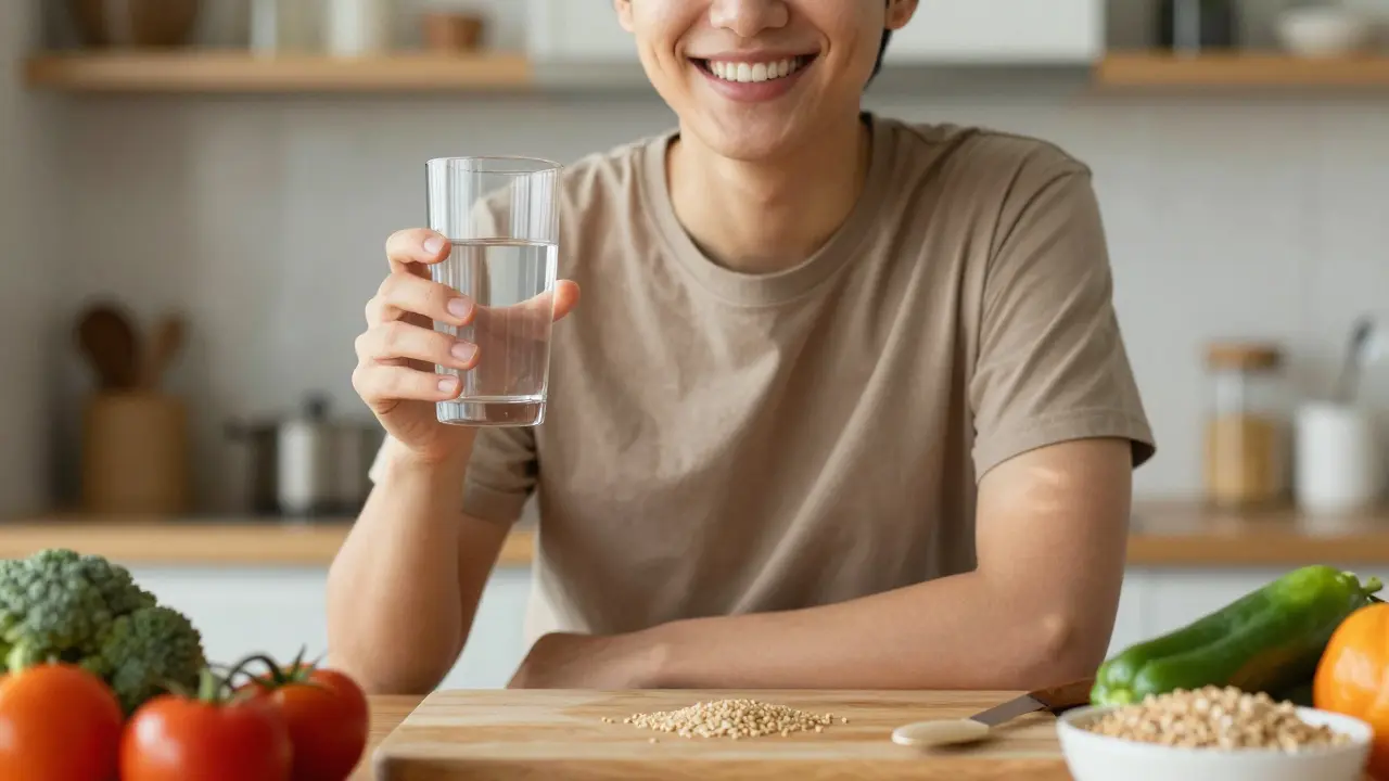 Osoba se přirozeně usmívá v kuchyni s zdravou stravou a sklenicí vody v ruce.