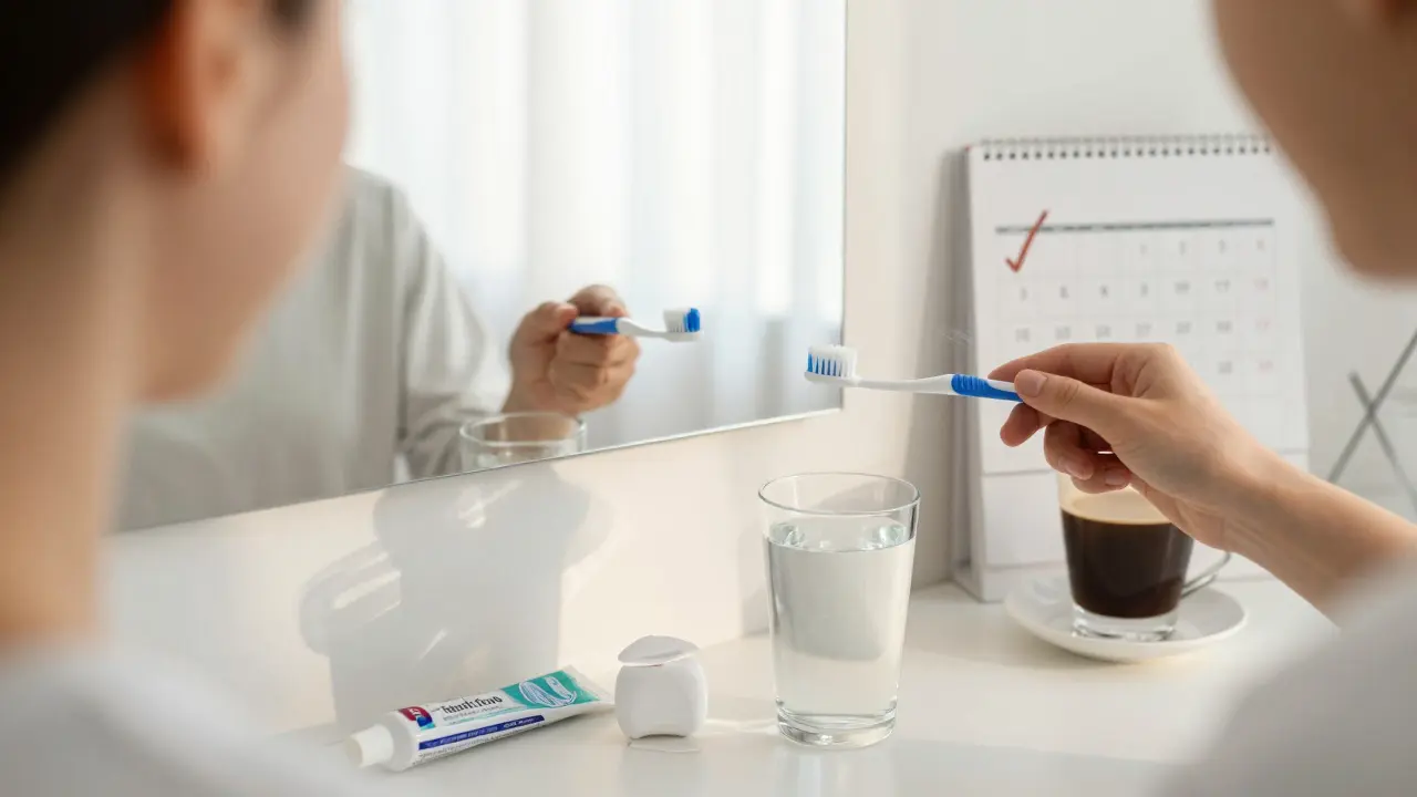 Osoba si čistí zuby a udržuje bílou barvu přirozenými zvyky.