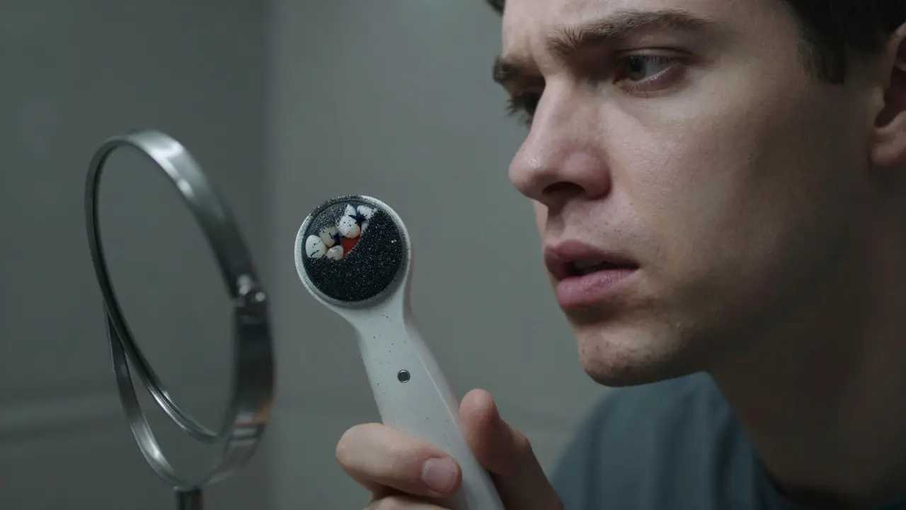 Person using a home polishing device, showing signs of enamel damage on their tooth.
