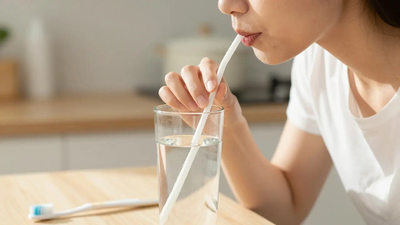 Pití kyselého nápoje přes slámečku pro ochranu skloviny