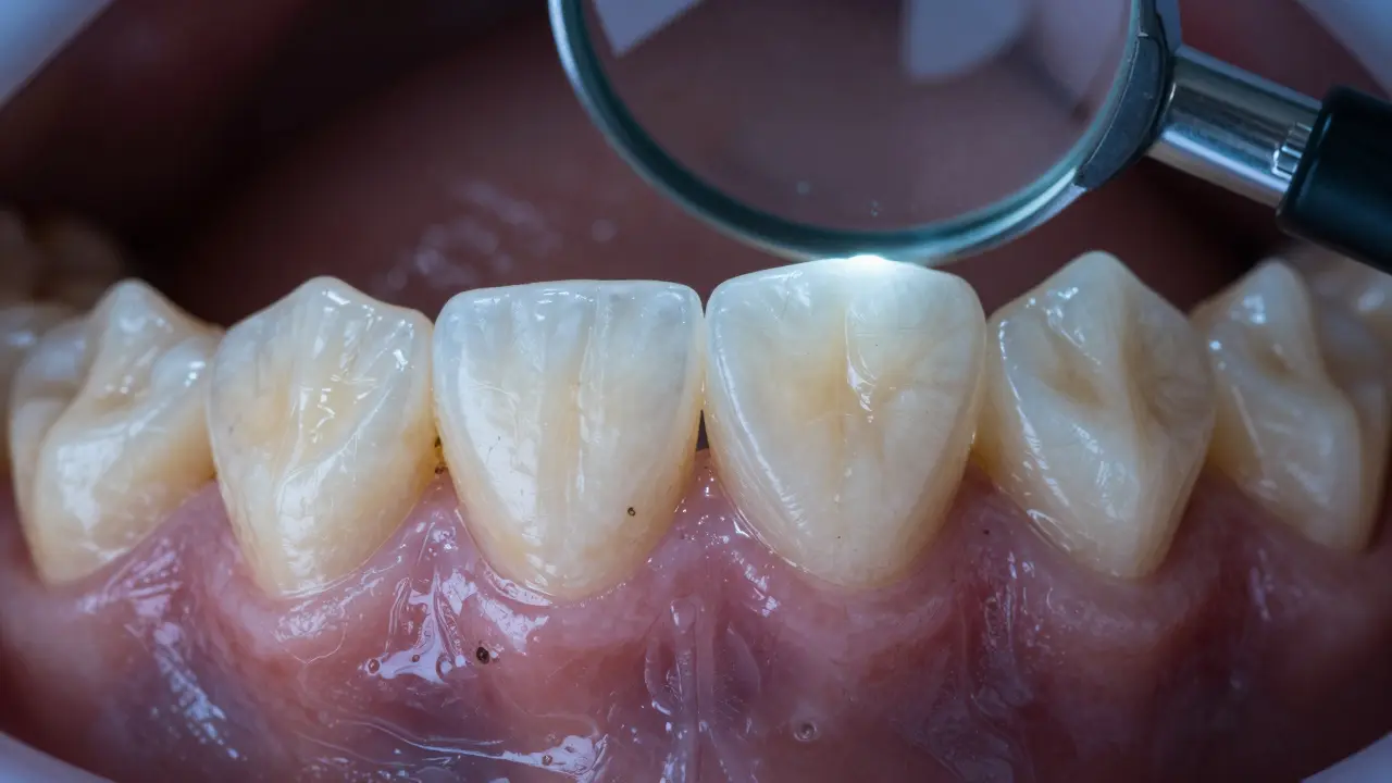 Pod fazetou se projevuje žlutavý odstín kvůli degradaci skloviny a expozici dentinu.