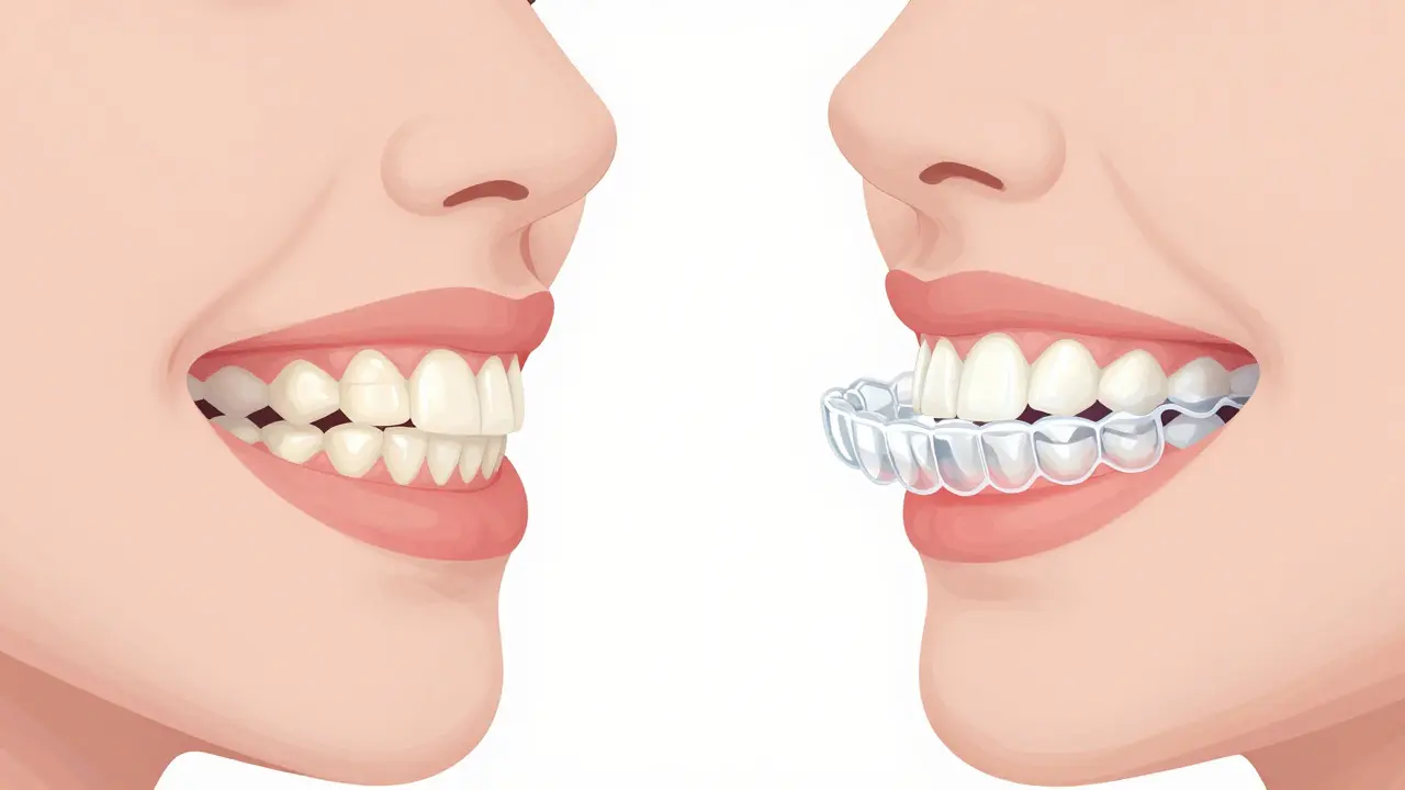 Porovnání před a po: mírně křivé zuby přešly do dokonalého zarovnání díky průhledným rovnátkům.