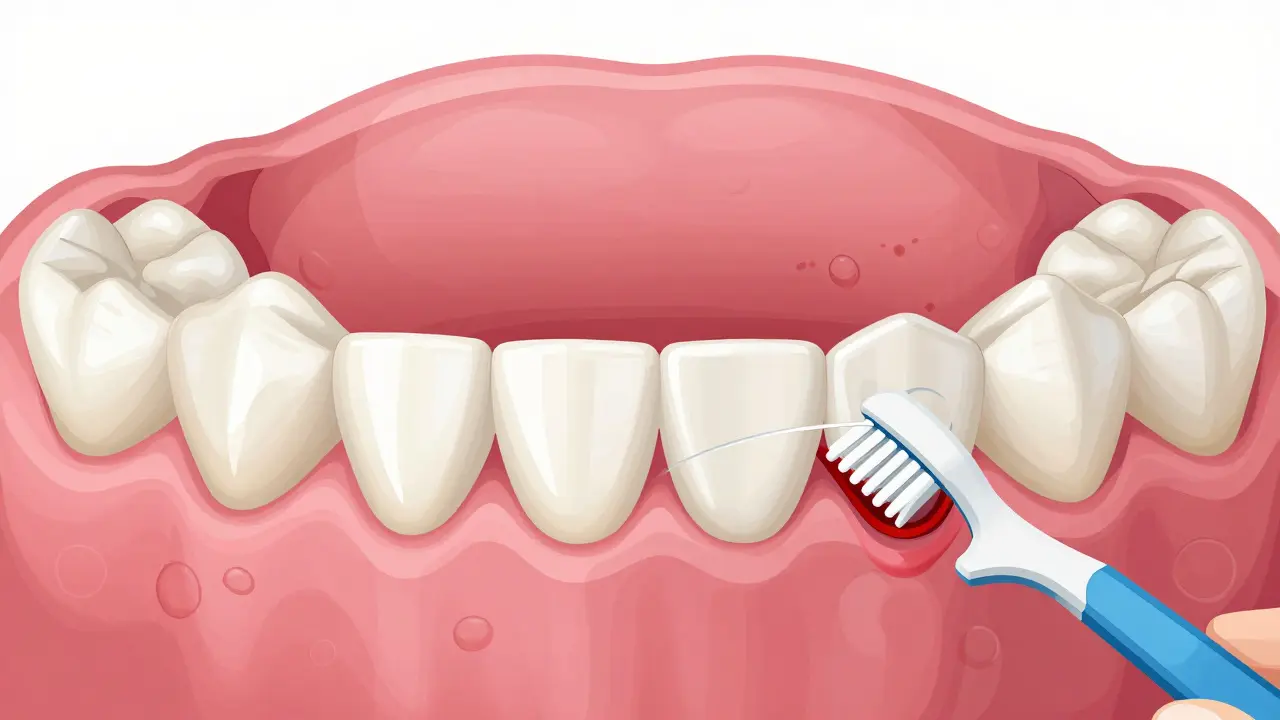 Porovnání zdravých dásní a plaku mezi zuby s nástroji pro mezizubní čištění.