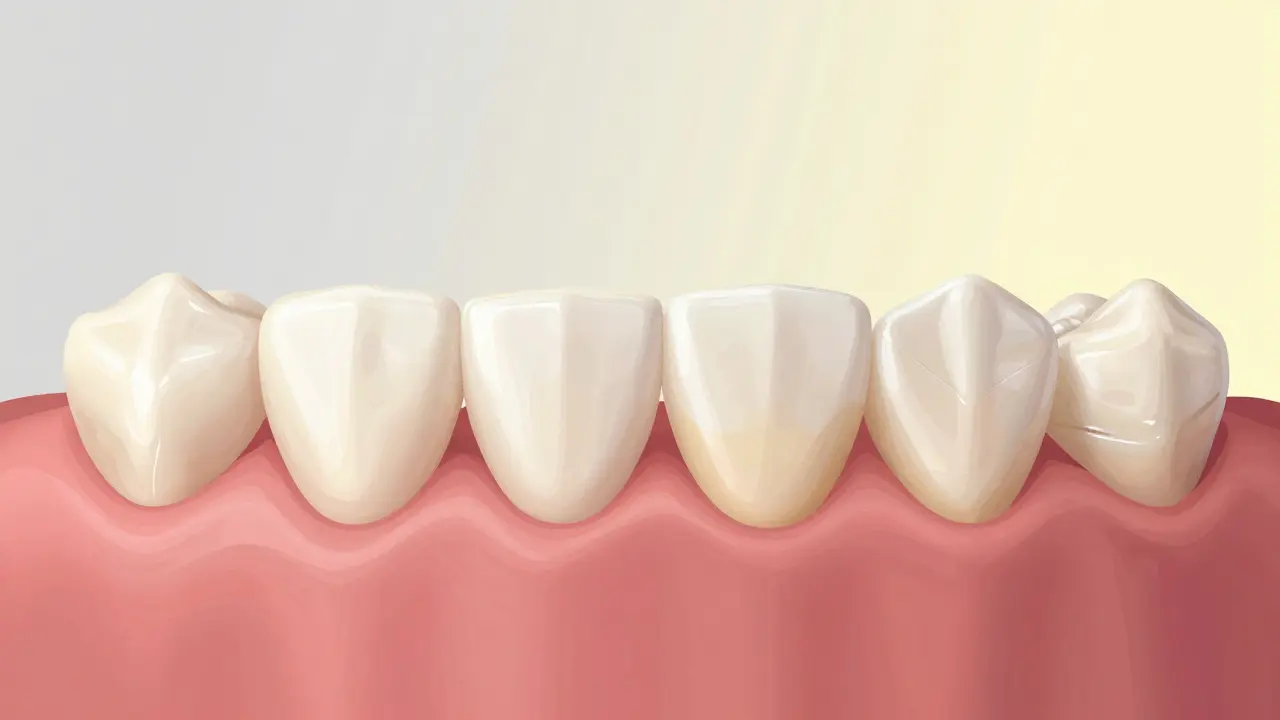 Porovnání zdravých zubů s poškozenými zuby po příliš častém bělení.