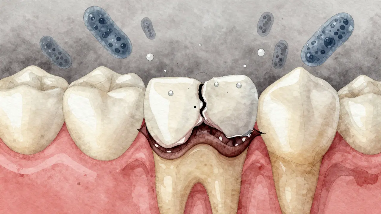 Poškozená sklovina pod fazetou s viditelným rozpadem dentinu a mikrobiologickou degradací.