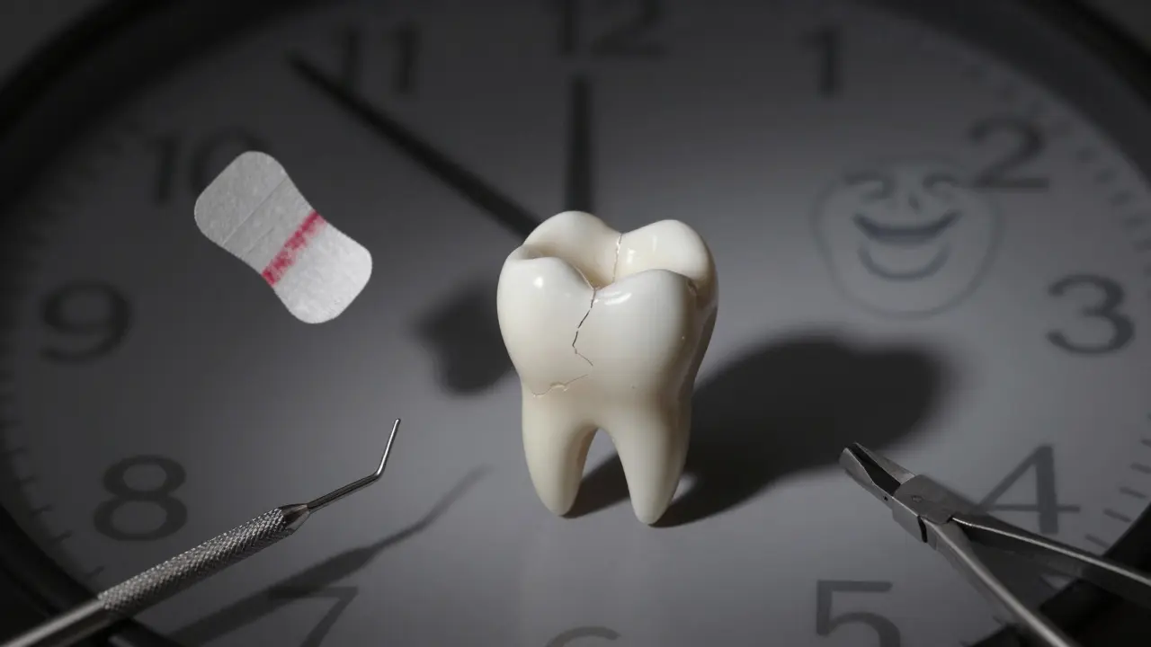 Poškozený přední zub s dentalními nástroji a hodinami, symbolizující následky zanedbání předkusu.