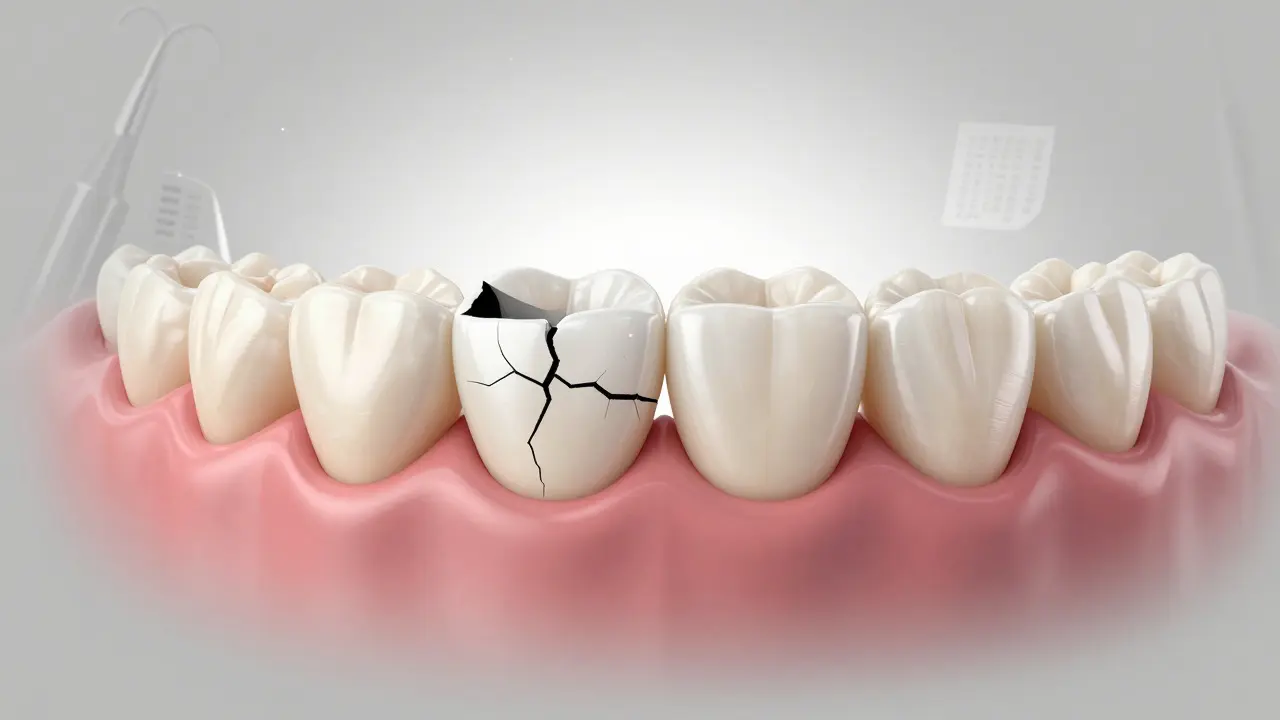 Přední zub se přeměňuje z poškozeného na dokonale obnovený keramický kryt.