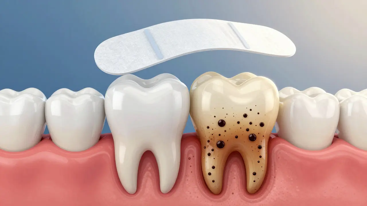 Průřez zubu s pigmenty a molekulami peroxidu vodíku, které je rozkládají.