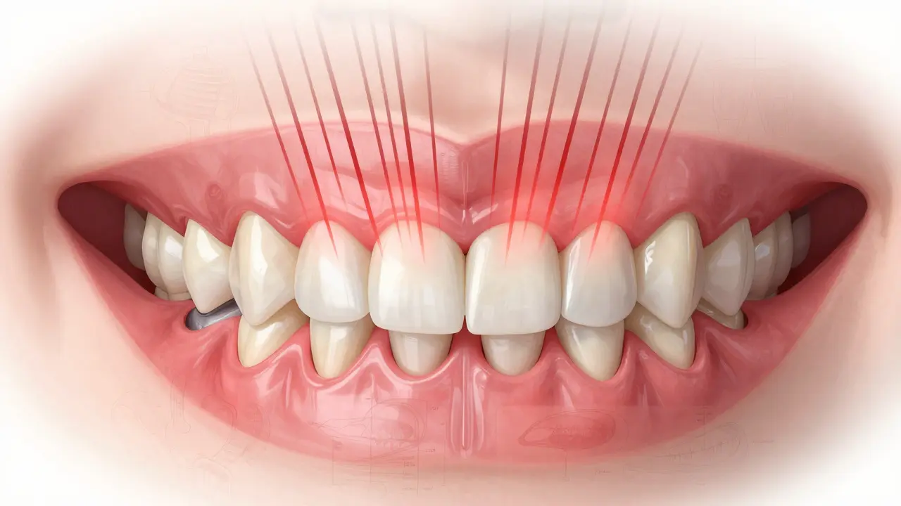 Řez čelistí s přílišným tlakem na přední zuby a opotřebovanou emalí, zatímco zadní zuby zůstávají netučněné.