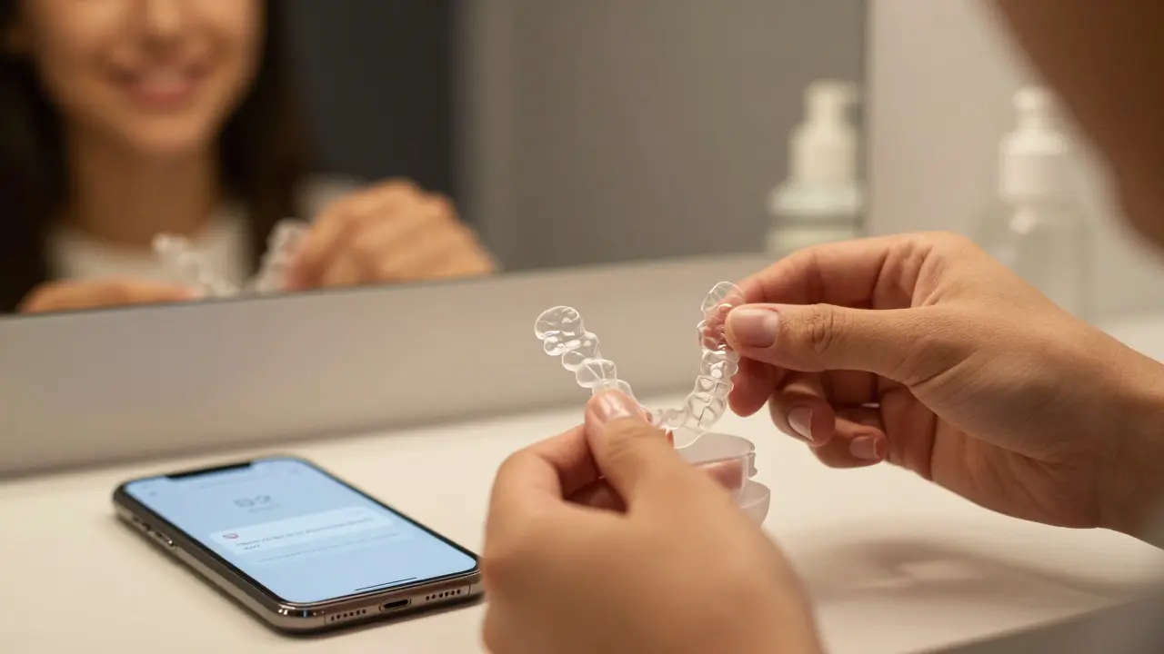 Ruce ukládají průhledná rovnátka do přenosného případu, v pozadí zrcadlo odrazující úsměv.