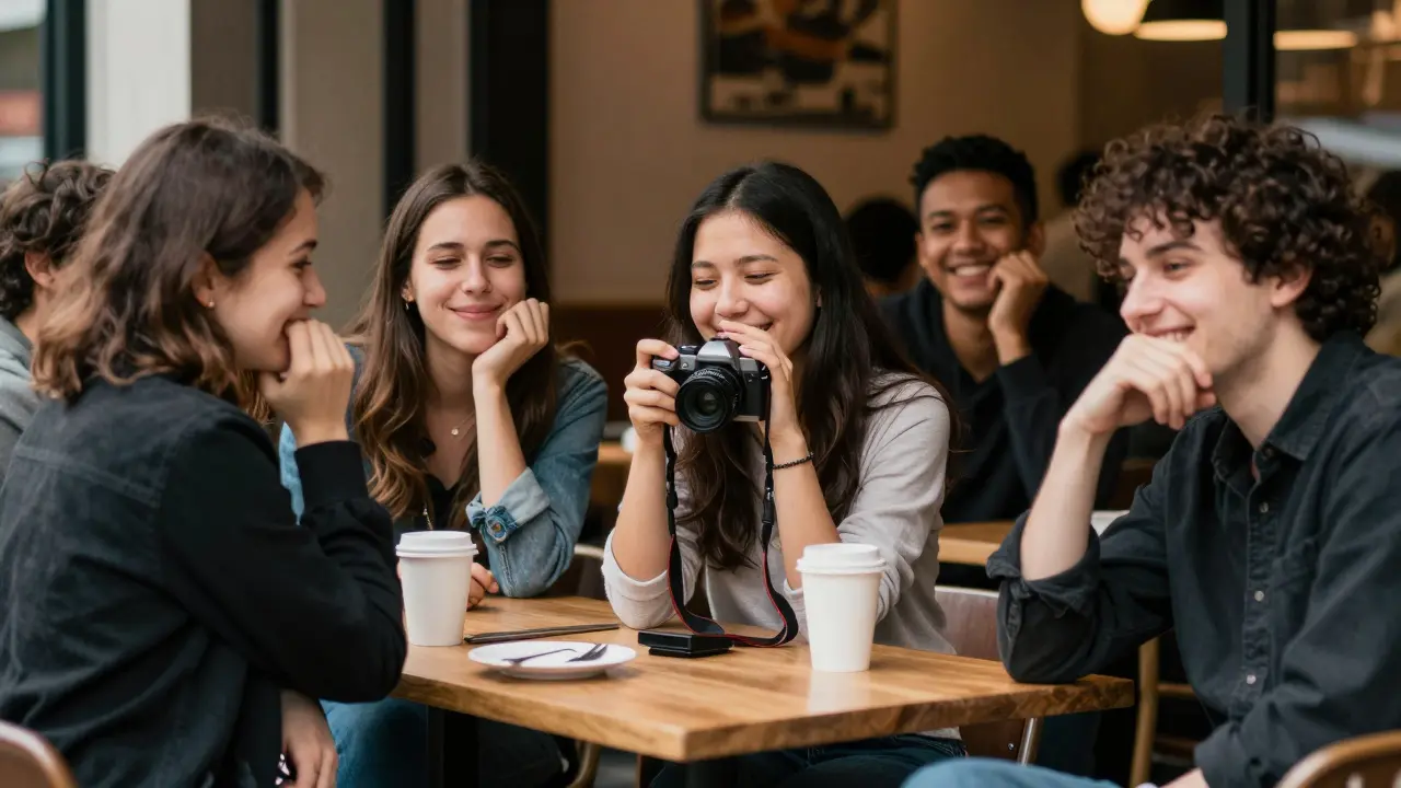 Různí lidé v každodenních situacích skrývají úsměv, když mluví nebo fotí.