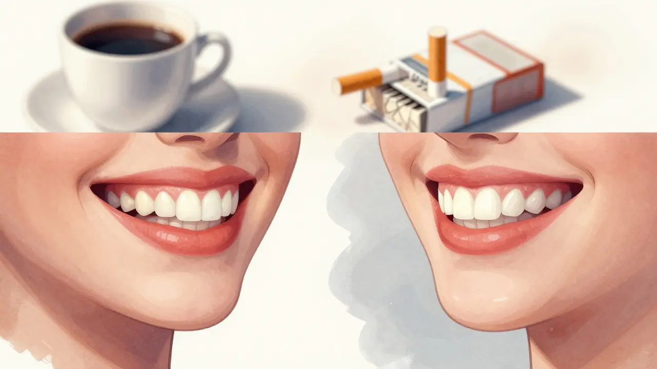 Side-by-side smiles: one naturally whitened, one with porcelain veneers