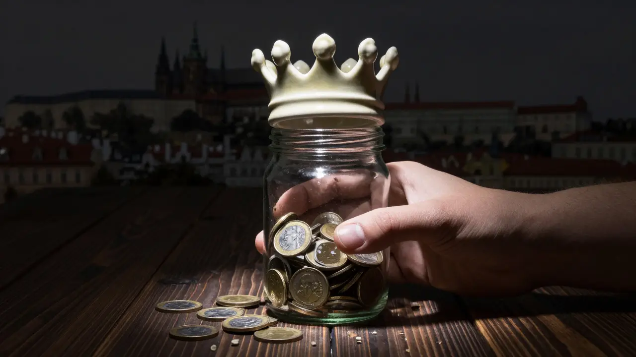 Skleněná nádoba s mincemi a zubními fragmenty, nad ní keramická korunka.