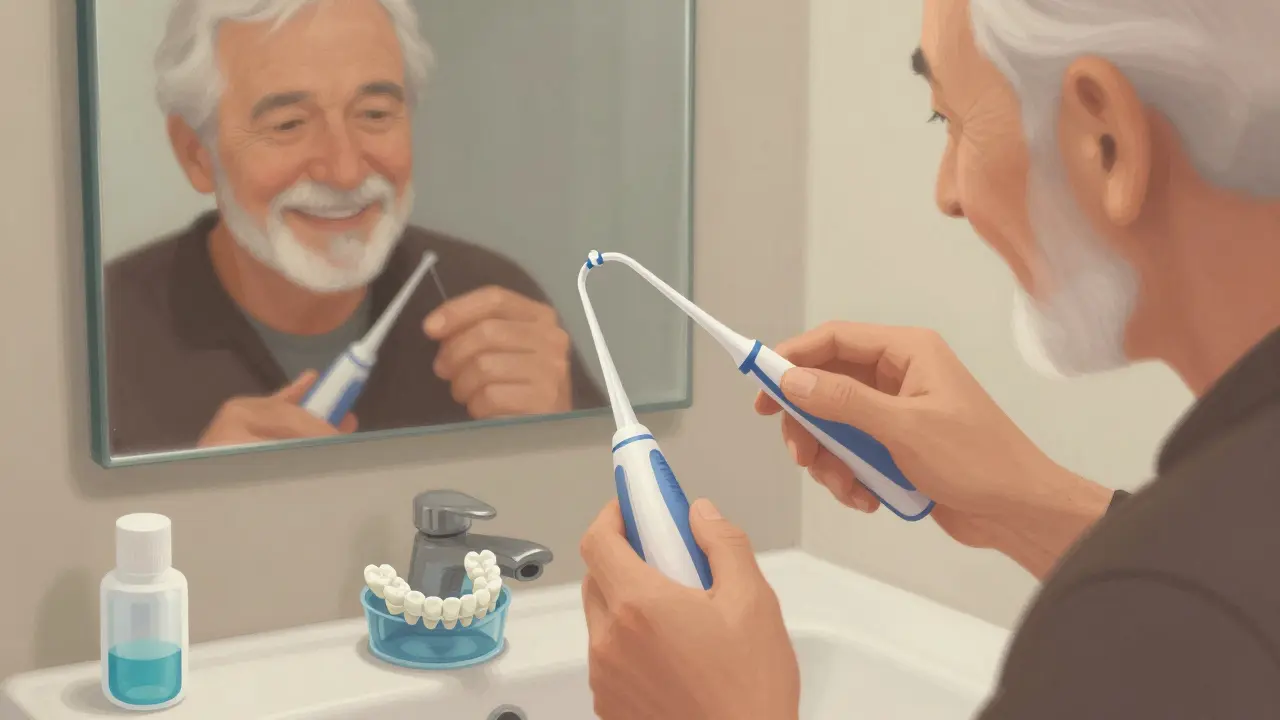 Starší muž používá vodní proudovou čističku k čištění zubní protézy, viditelně čisté a pečlivě udržované.