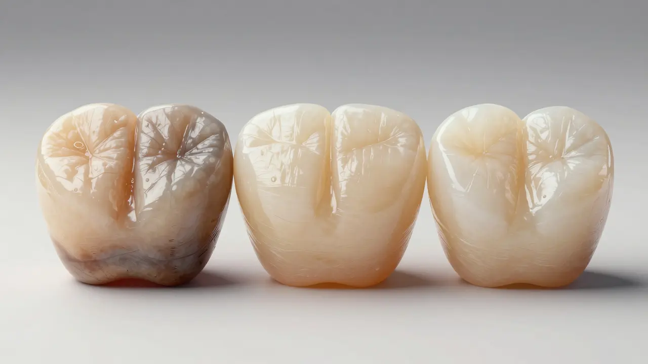Three composite veneers showing quality differences over time: stained, good, and premium