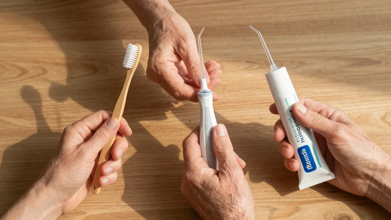 Tři různé věkové skupiny drží různé nástroje pro ústní hygienu: tradiční kartáček, ergonomický kartáček a vodní flosser.