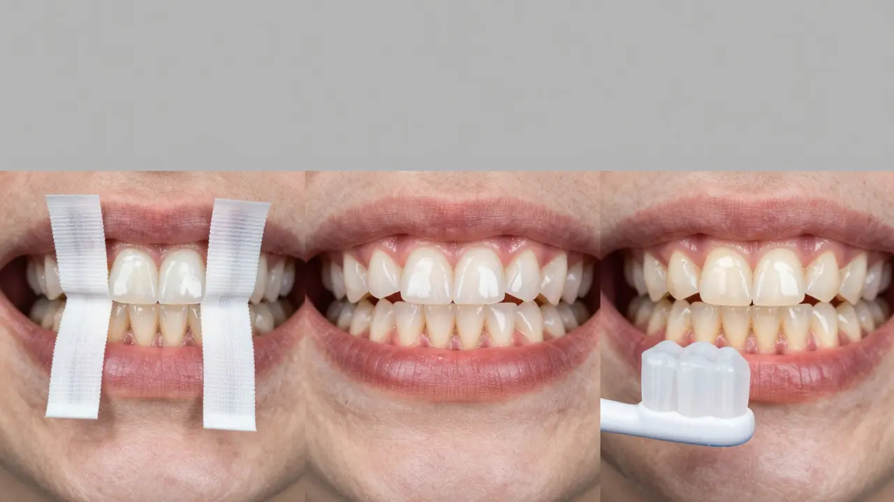 Tři scénáře stavu zubů: nerovnoměrné bělení, poškození dásní a přirozeně zdravé zuby.