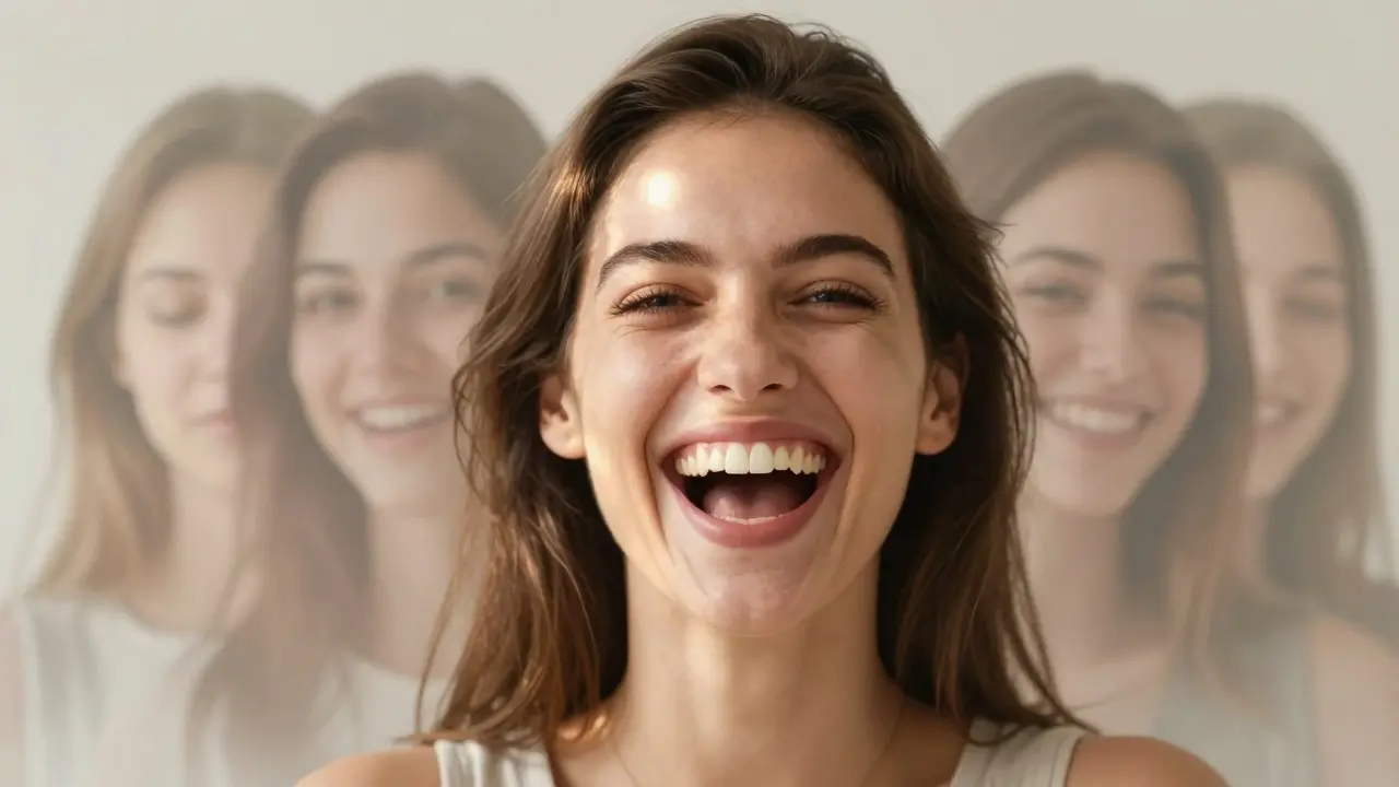 Žena se otevřeně směje, s patrnou mezerou mezi zuby, světlo osvětluje její úsměv.