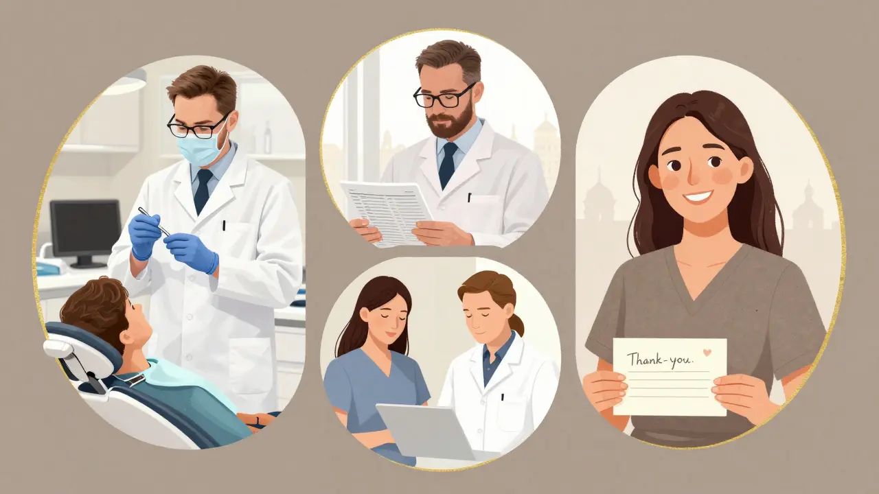 Zubní primář v různých rolích: lékař, manažer a učitel, s výhledem na Prahu a děkacími listy.