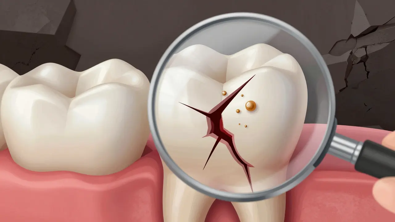 Zvětšený pohled na prasklou zubní sklovinu s bakteriemi a kyselinou, které ničí vnitřní strukturu.