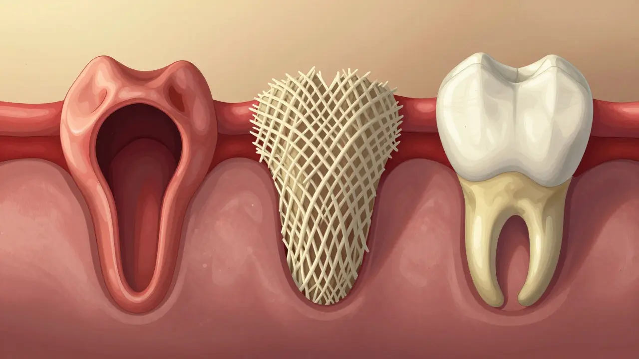 Časový vývoj hojení kosti po vytržení zubu: od otoku až po zrálou kost připravenou na implantaci.