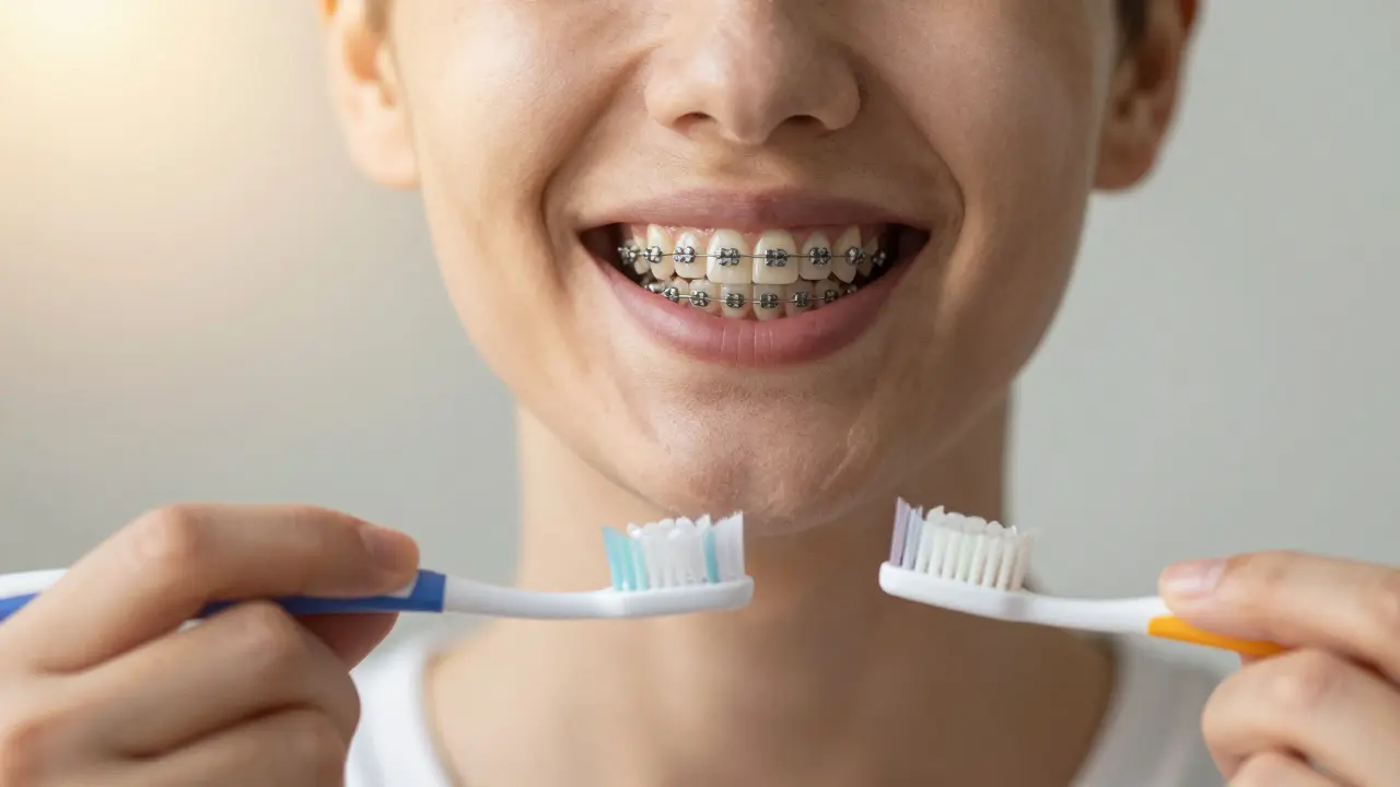 Člověk se usmívá po odstranění rovnátek, drží zpevňovač a štětku.