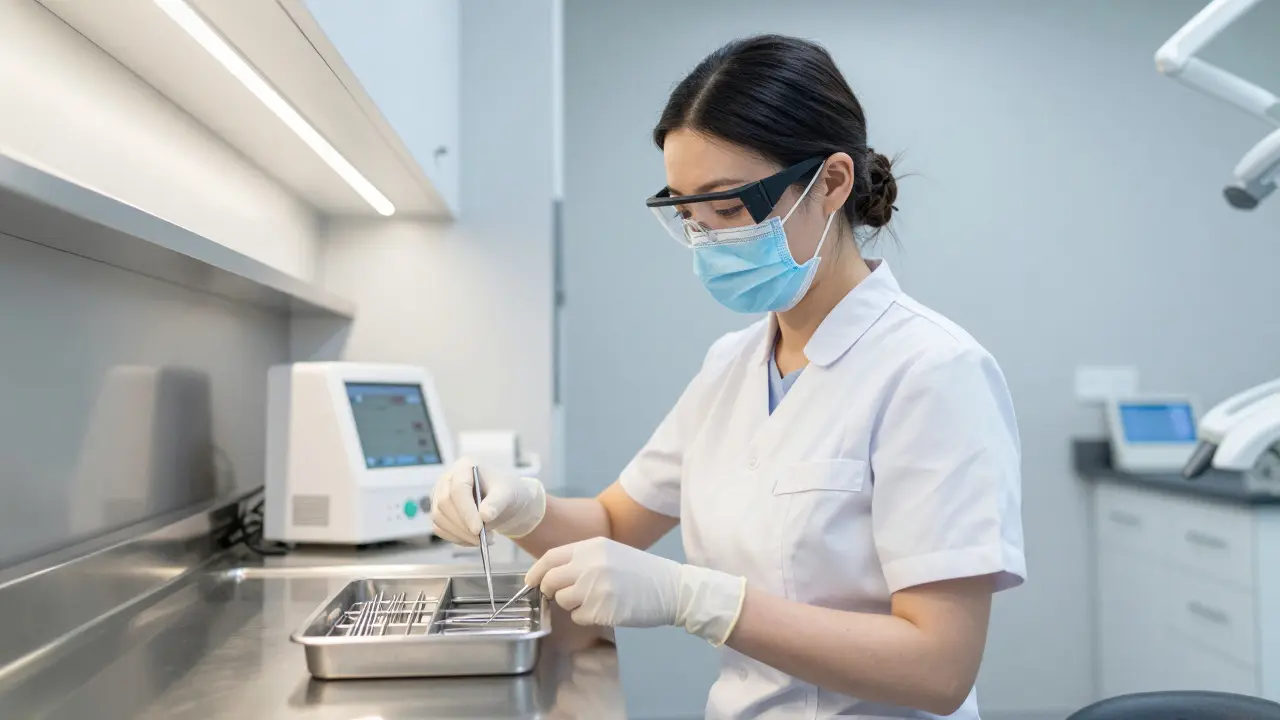 Dentální hygienistka připravuje sterilní nástroje v klinickém prostředí.