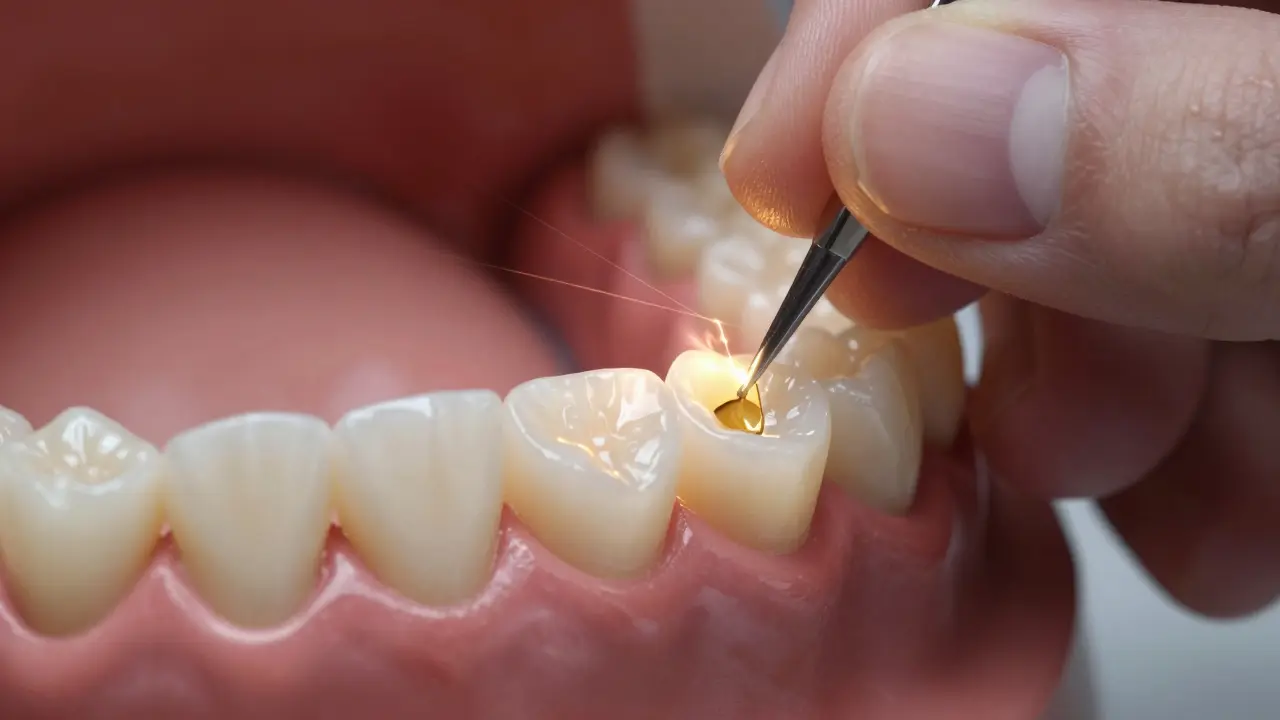 Dentista přikládá tenkou keramickou fazetu na zubní model s jemným odstraněním skloviny.