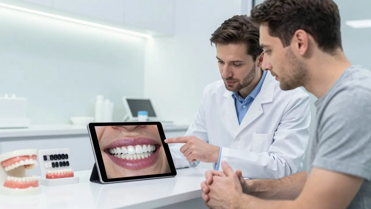 Dentista ukazuje pacientovi na tabletu digitální simulaci před a po aplikaci fazet na zuby.