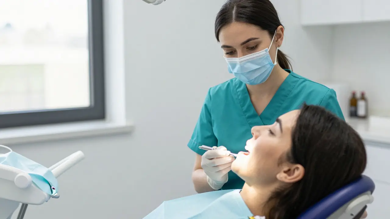 Hygienistka v roušce pomáhá pacientovi v ordinačním křesle.