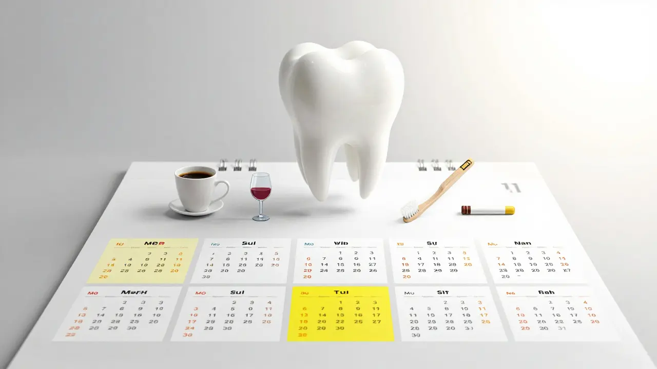 Kalendář s označeným trváním bělení a ikonami ovlivňujících faktorů.